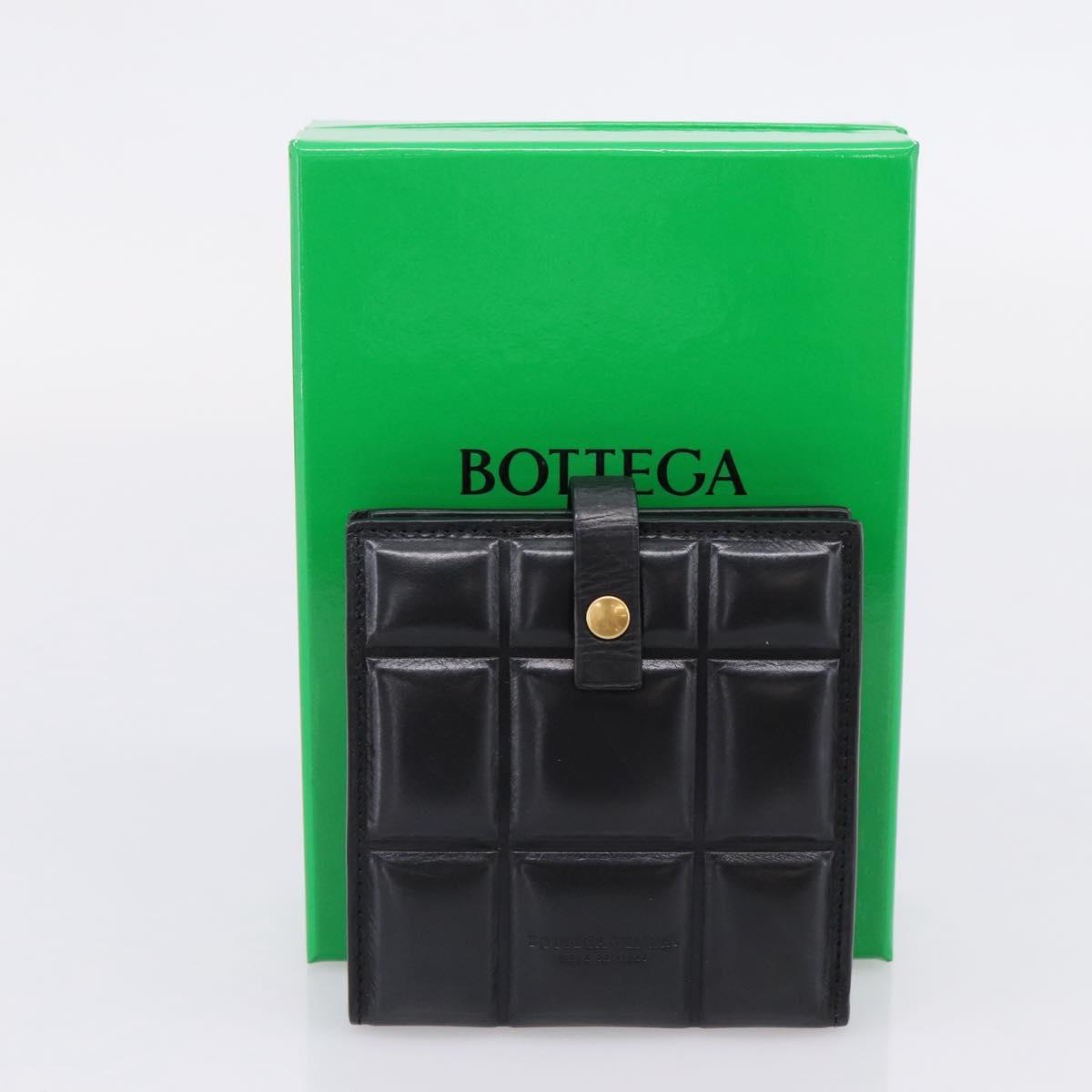 Bottega Veneta Padded Compact Wallet Leather Black Gold Tone Auth 207496M