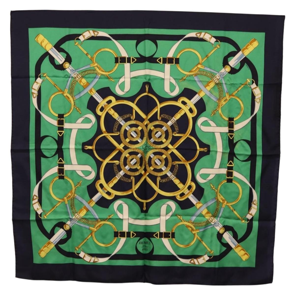 HERMES Carre 90 Scarf ""Eperon d Or"" Silk Navy Auth 207503