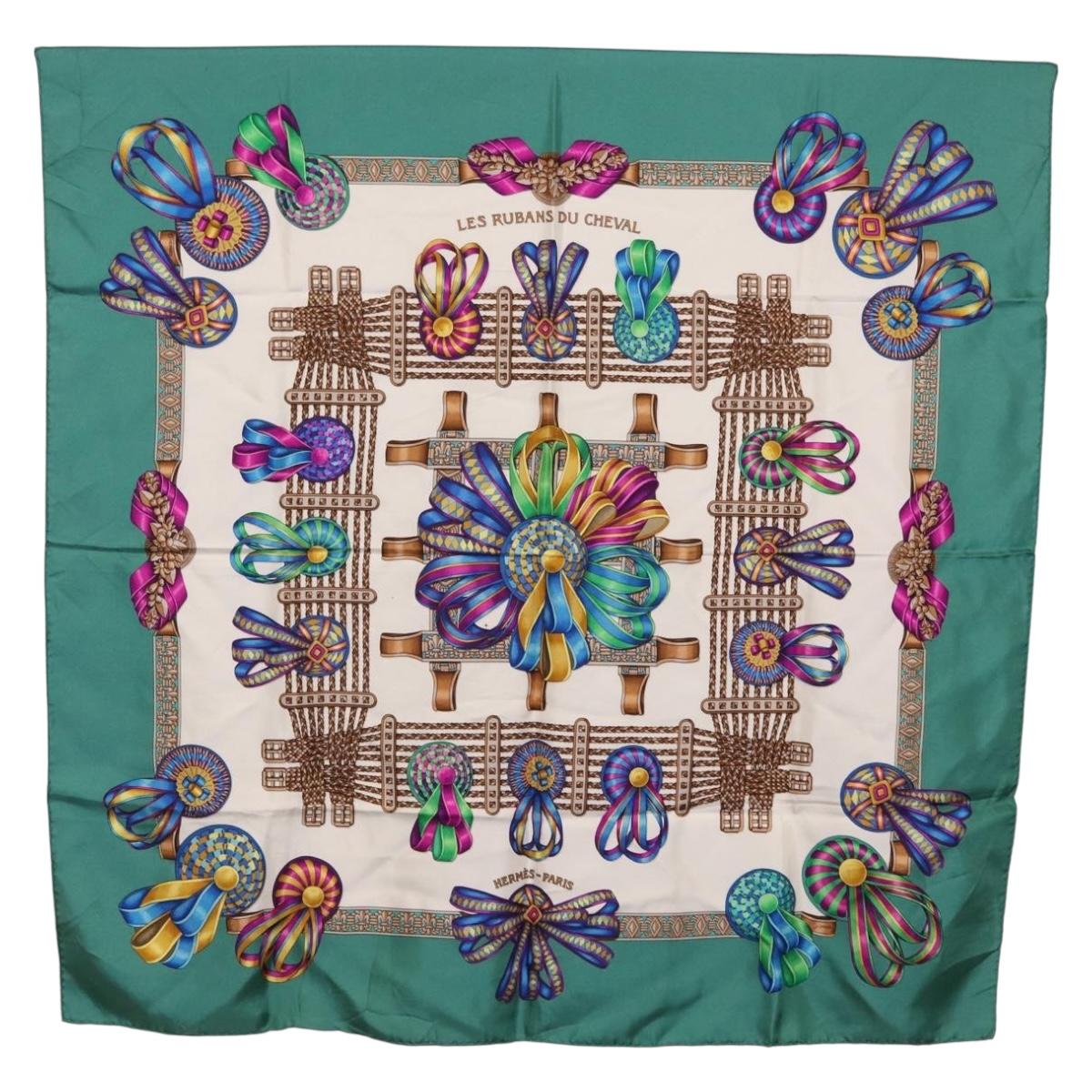 HERMES Carre 90 Scarf ""LES RUBANS DU CHEVALL"" Silk Green Auth 207507
