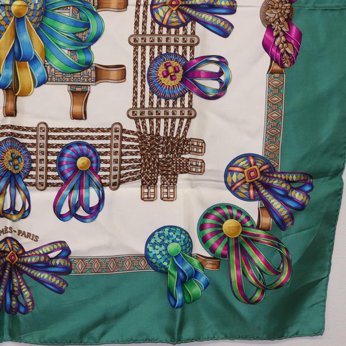 HERMES Carre 90 Scarf ""LES RUBANS DU CHEVALL"" Silk Green Auth 207507