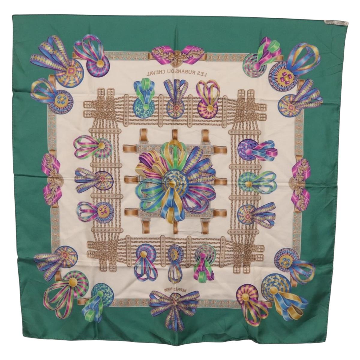 HERMES Carre 90 Scarf ""LES RUBANS DU CHEVALL"" Silk Green Auth 207507
