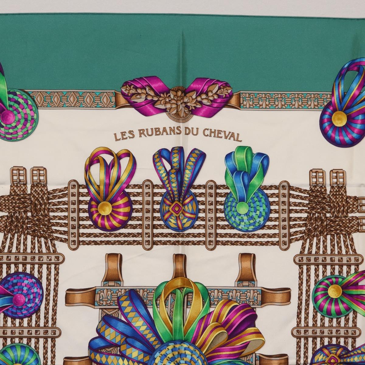 HERMES Carre 90 Scarf ""LES RUBANS DU CHEVALL"" Silk Green Auth 207507