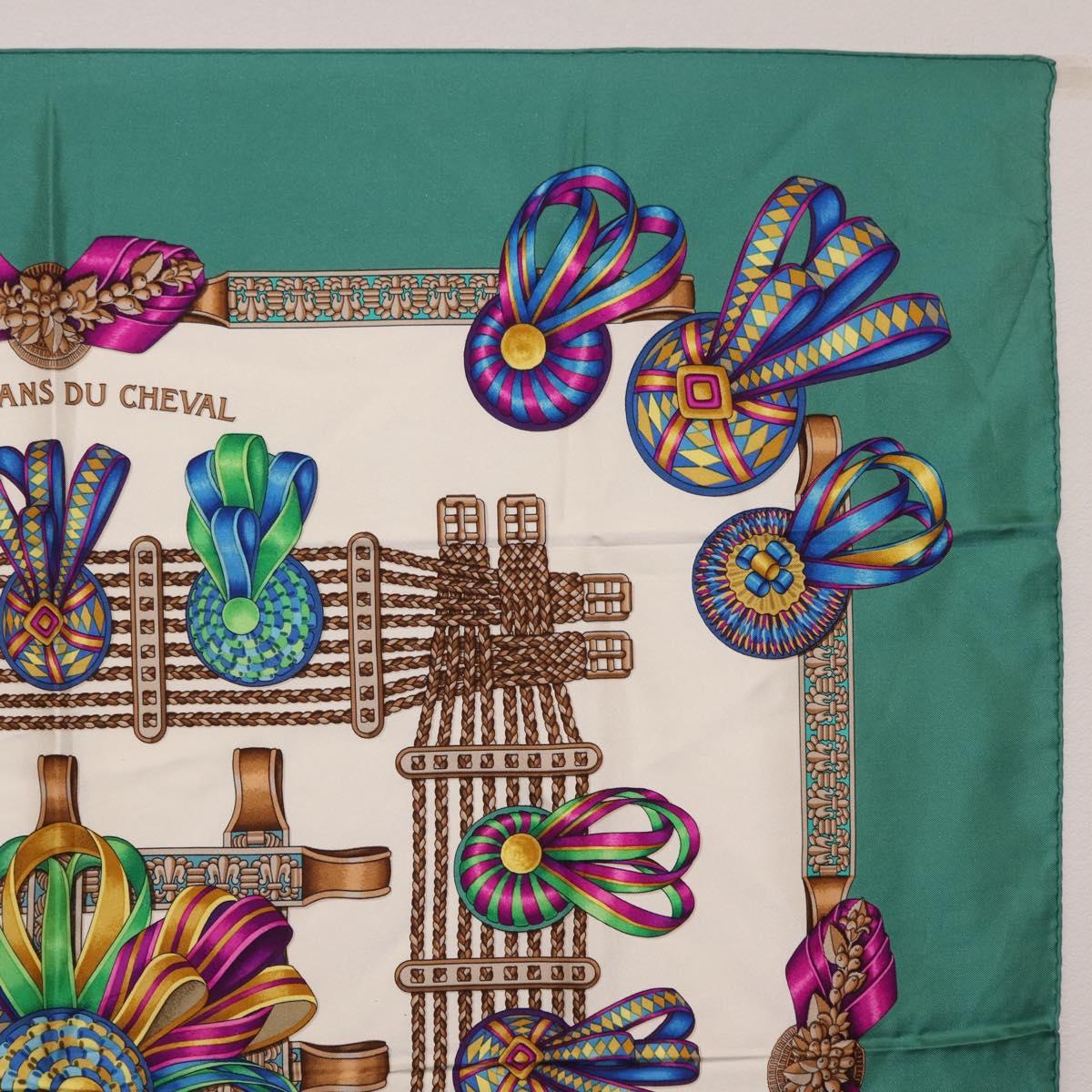 HERMES Carre 90 Scarf ""LES RUBANS DU CHEVALL"" Silk Green Auth 207507
