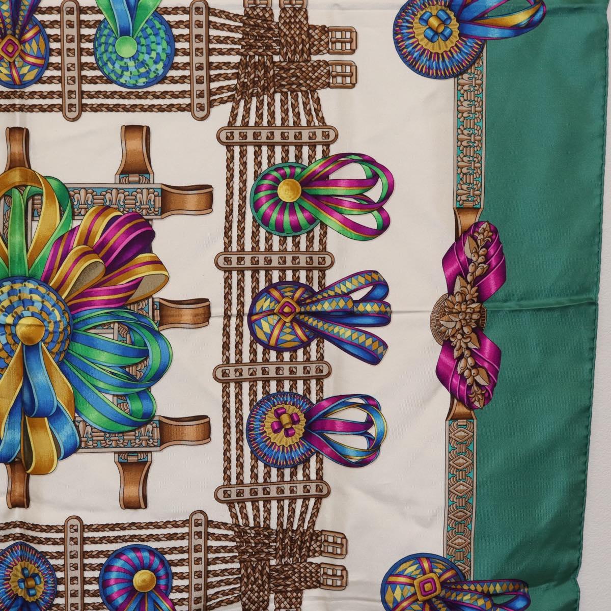 HERMES Carre 90 Scarf ""LES RUBANS DU CHEVALL"" Silk Green Auth 207507