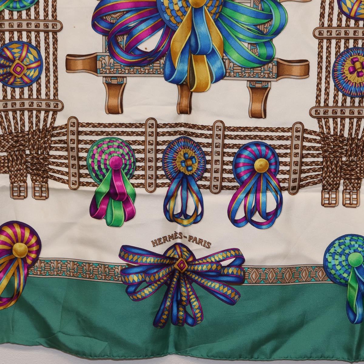 HERMES Carre 90 Scarf ""LES RUBANS DU CHEVALL"" Silk Green Auth 207507