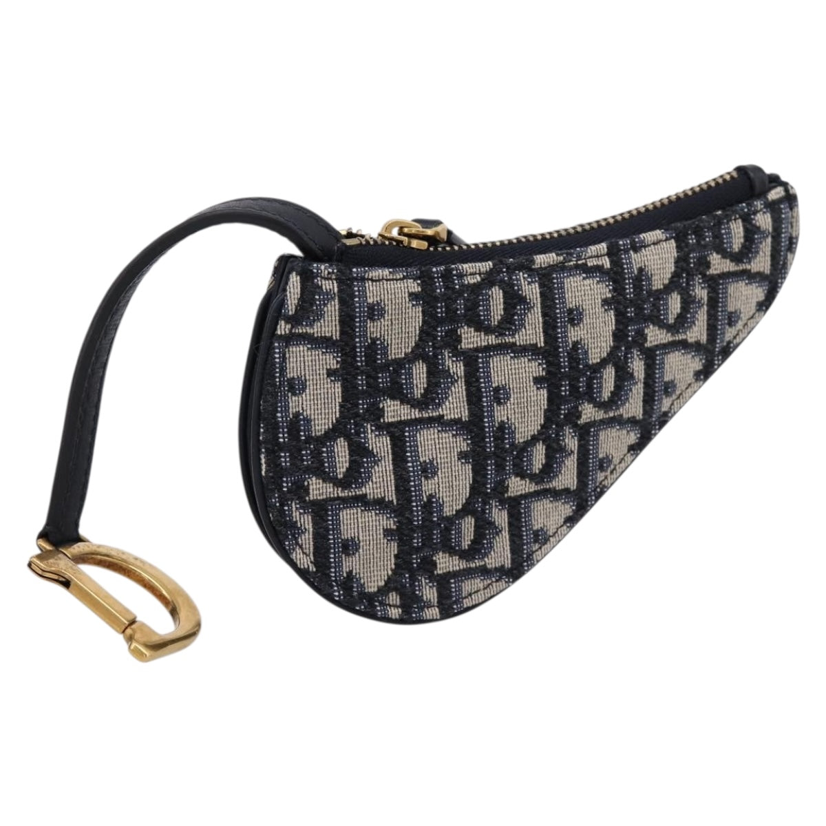 Christian Dior Trotter Canvas Saddle Coin Purse Navy Gold Auth 207530M