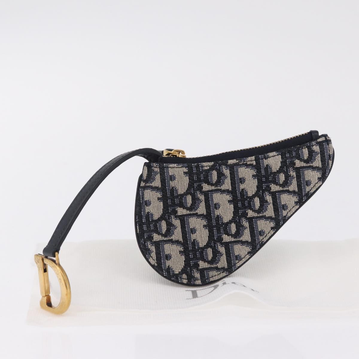 Christian Dior Trotter Canvas Saddle Coin Purse Navy Gold Auth 207530M