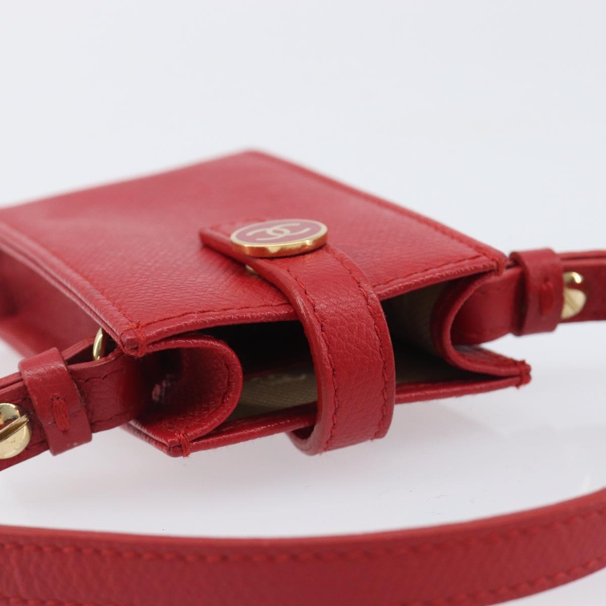 CHANEL Pouch Leather Red Gold Tone CC Auth 207567A