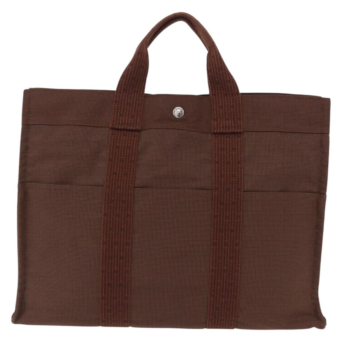 HERMES Her Line MM Hand Bag Canvas Brown Silver Auth 207690A
