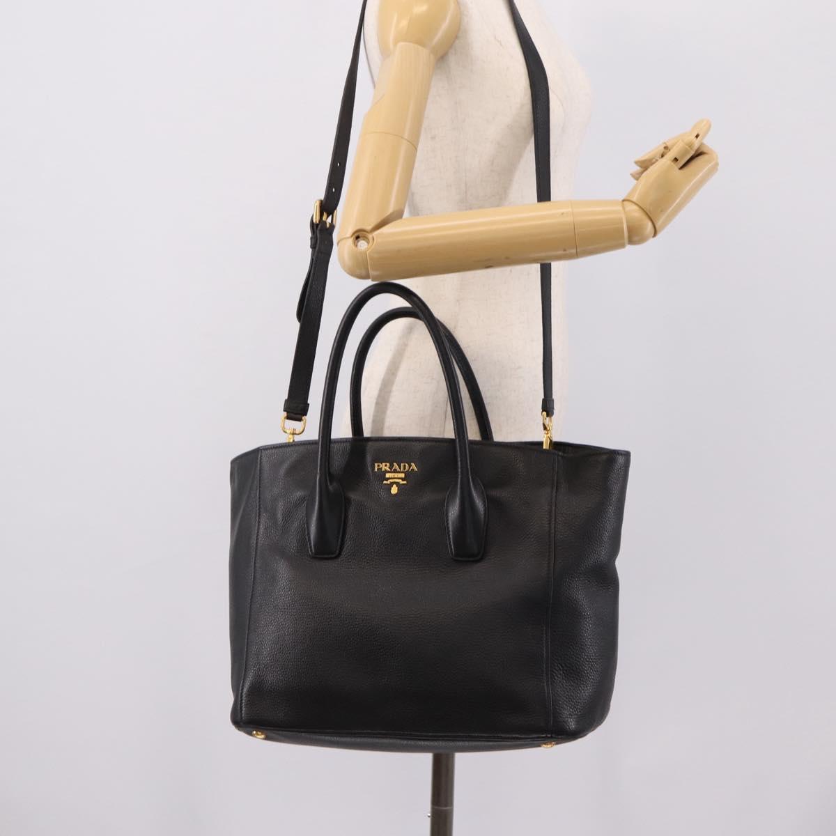 PRADA Hand Bag Leather 2way Black Gold Tone Auth 207702V