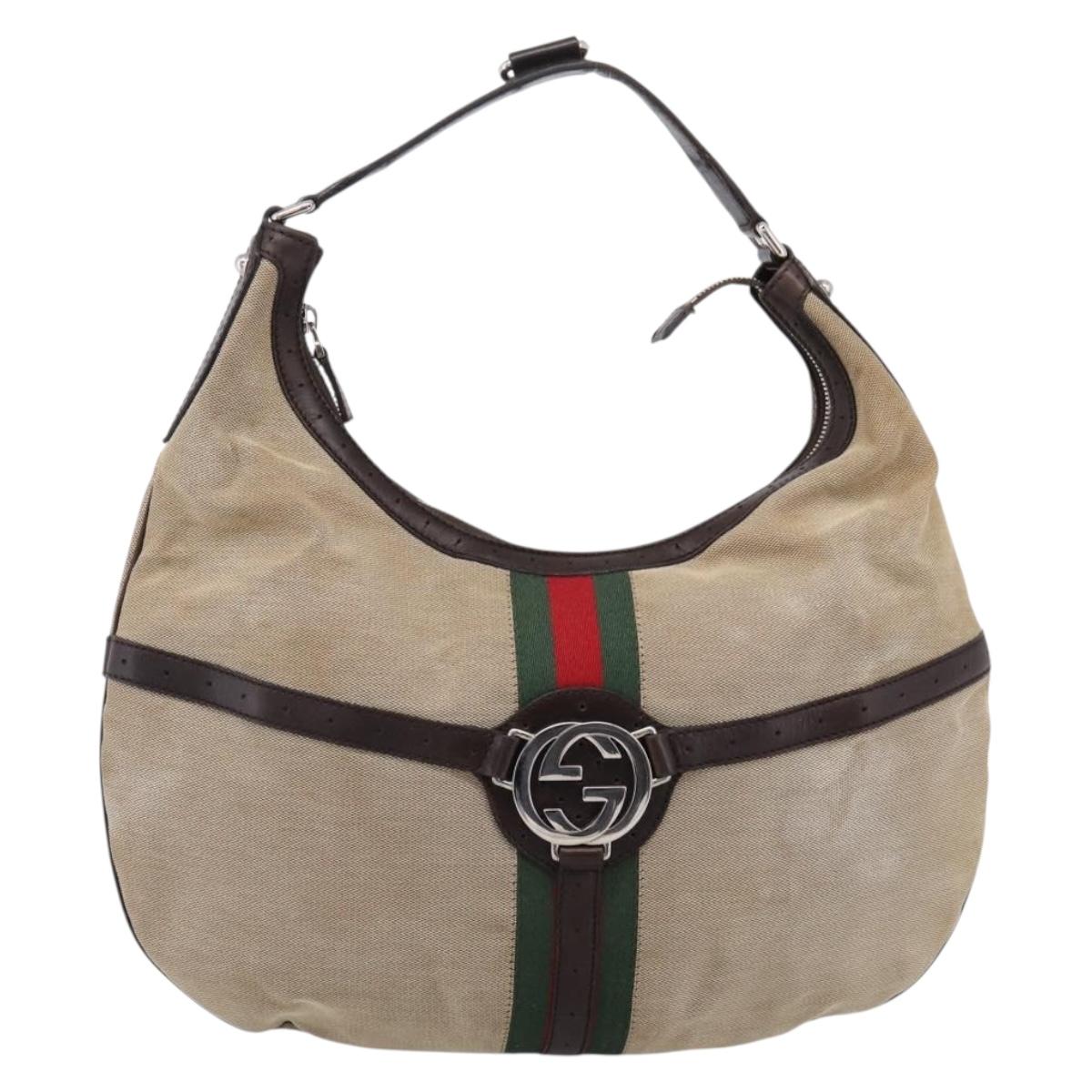 GUCCI Interlocking G Shoulder Bag Canvas Beige Silver 114871 Auth 207703