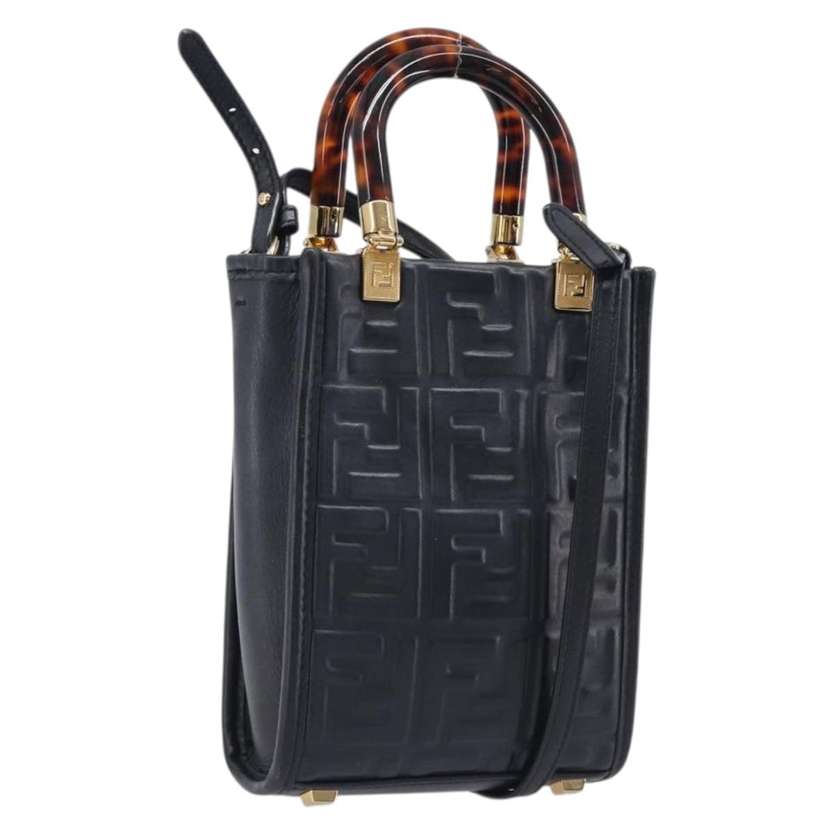 FENDI Zucca Hand Bag Leather 2way Black Gold Tone 8BS051 Auth 207767A