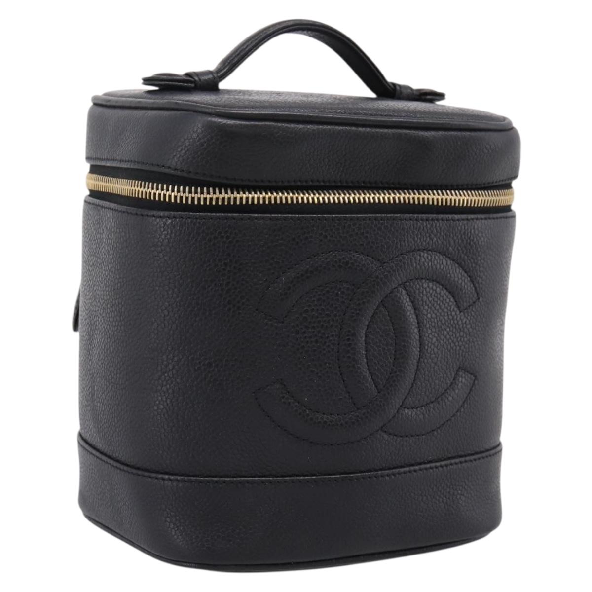 CHANEL Vanity Hand Bag Caviar Skin Black Gold CC Auth 207779A