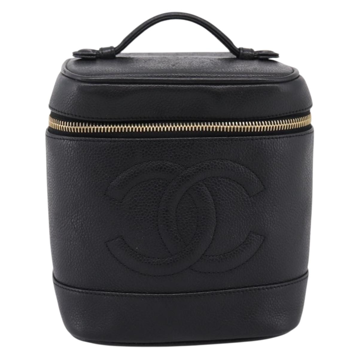 CHANEL Vanity Hand Bag Caviar Skin Black Gold CC Auth 207779A