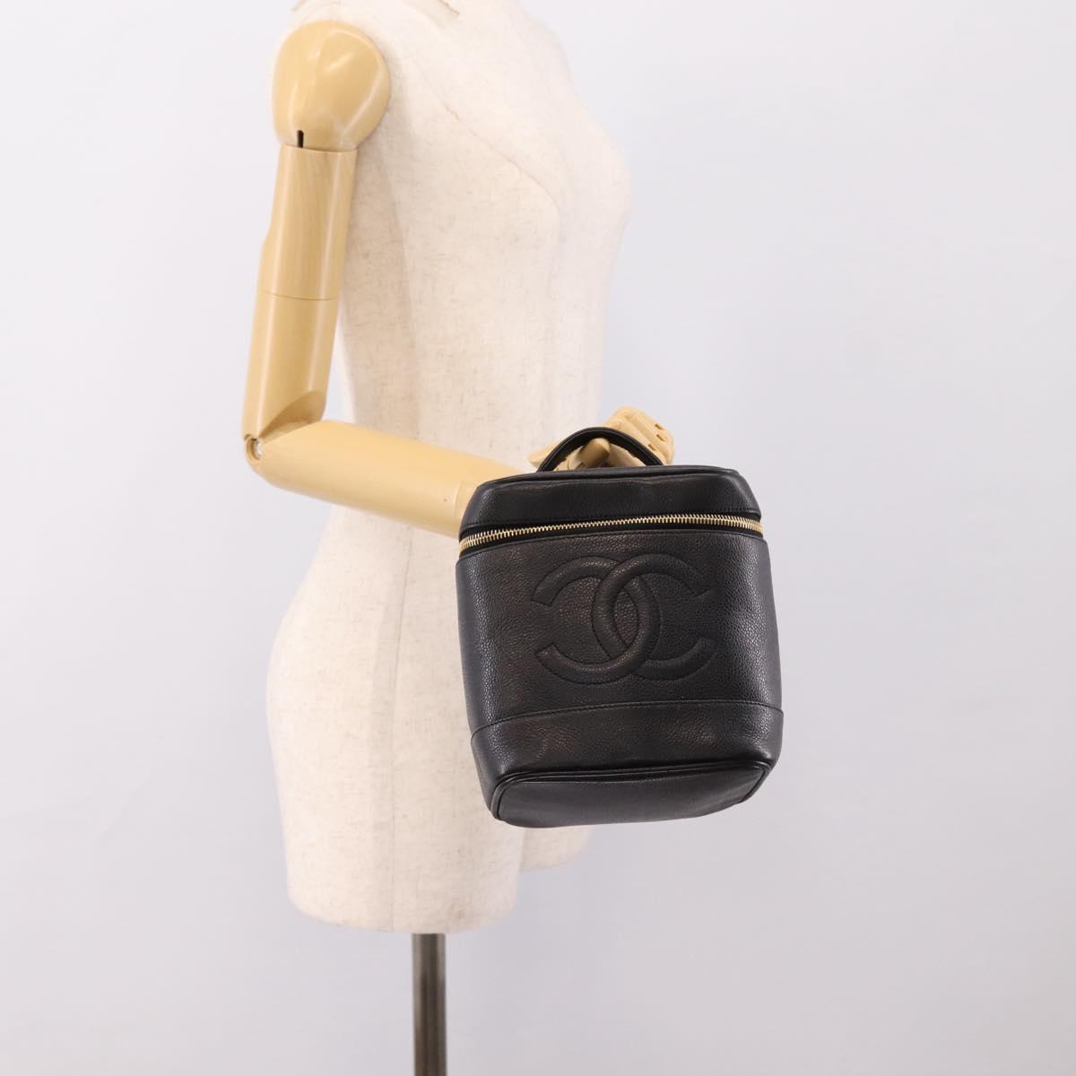 CHANEL Vanity Hand Bag Caviar Skin Black Gold CC Auth 207779A