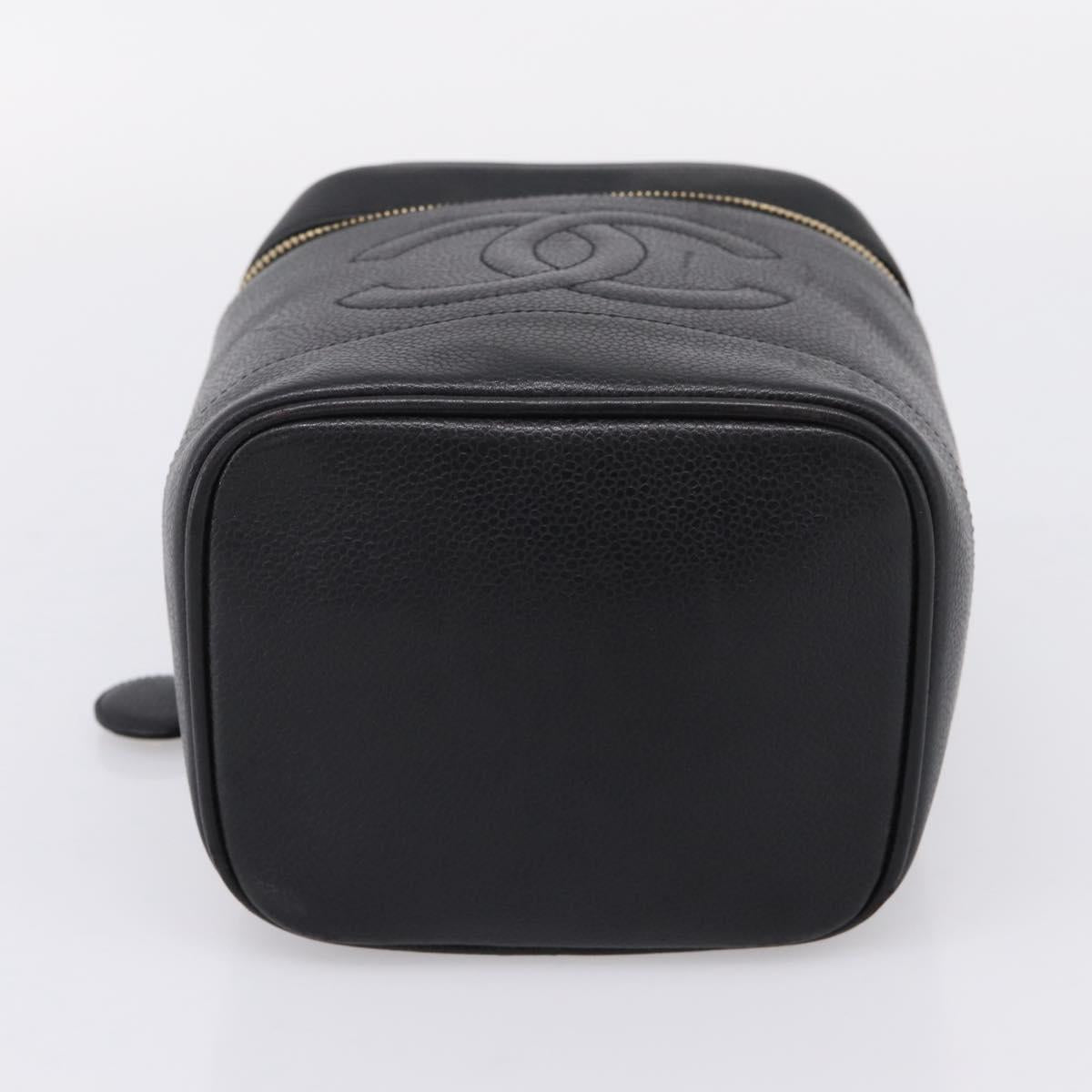 CHANEL Vanity Hand Bag Caviar Skin Black Gold CC Auth 207779A