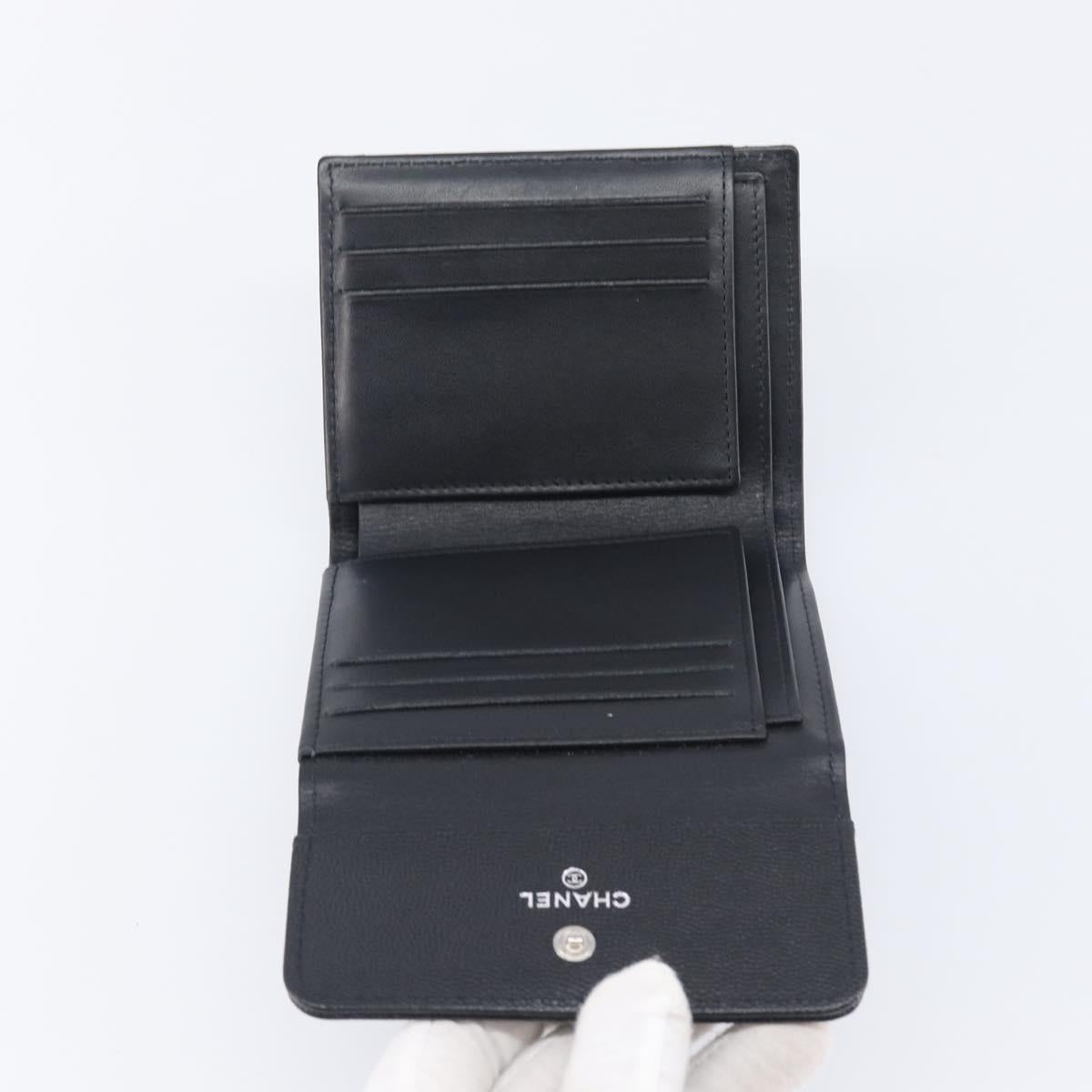 CHANEL Matelasse Compact Wallet Caviar Skin Black Silver CC Auth 207781V