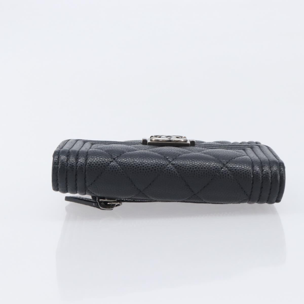 CHANEL Matelasse Compact Wallet Caviar Skin Black Silver CC Auth 207781V