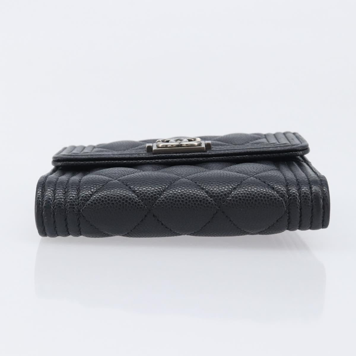 CHANEL Matelasse Compact Wallet Caviar Skin Black Silver CC Auth 207781V