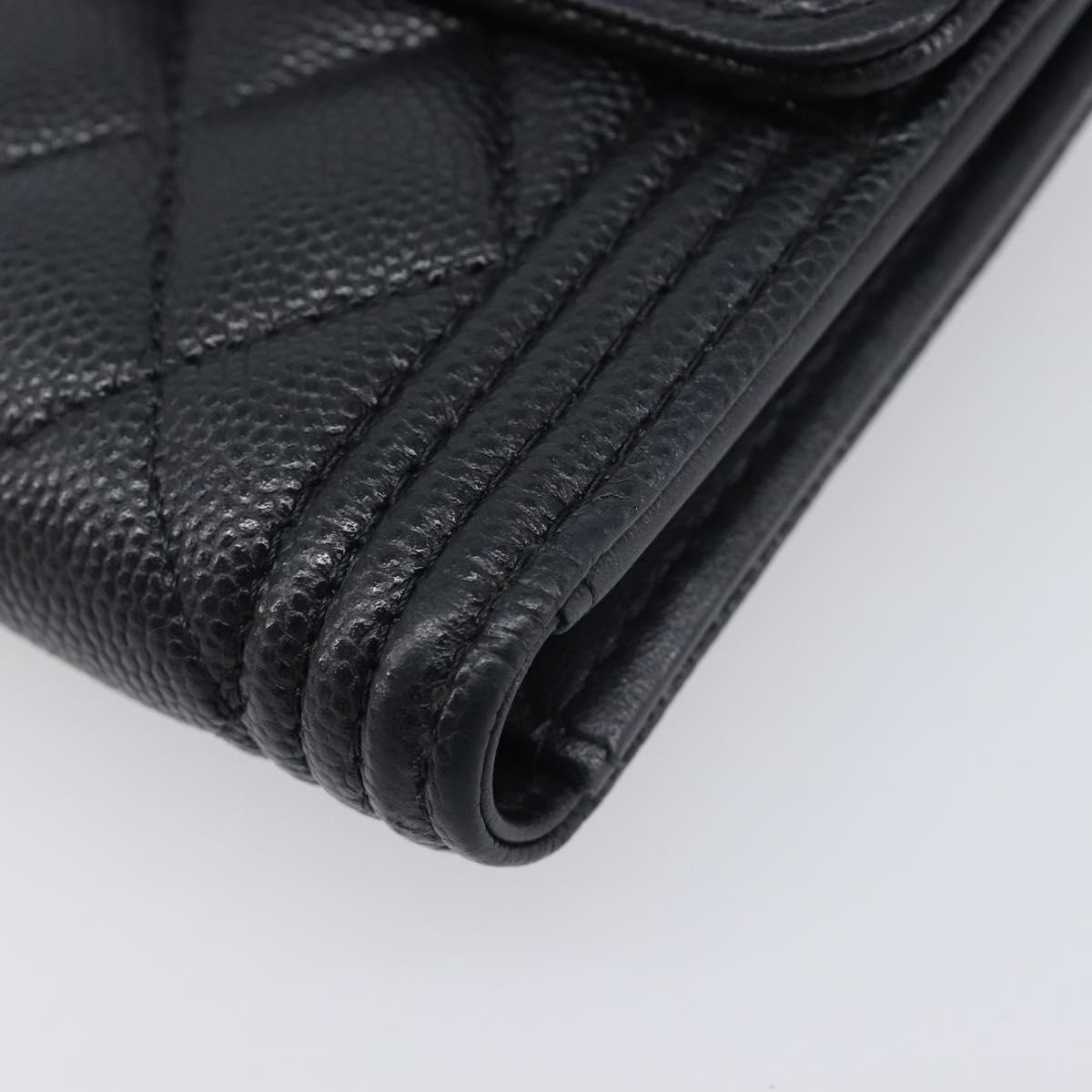 CHANEL Matelasse Compact Wallet Caviar Skin Black Silver CC Auth 207781V