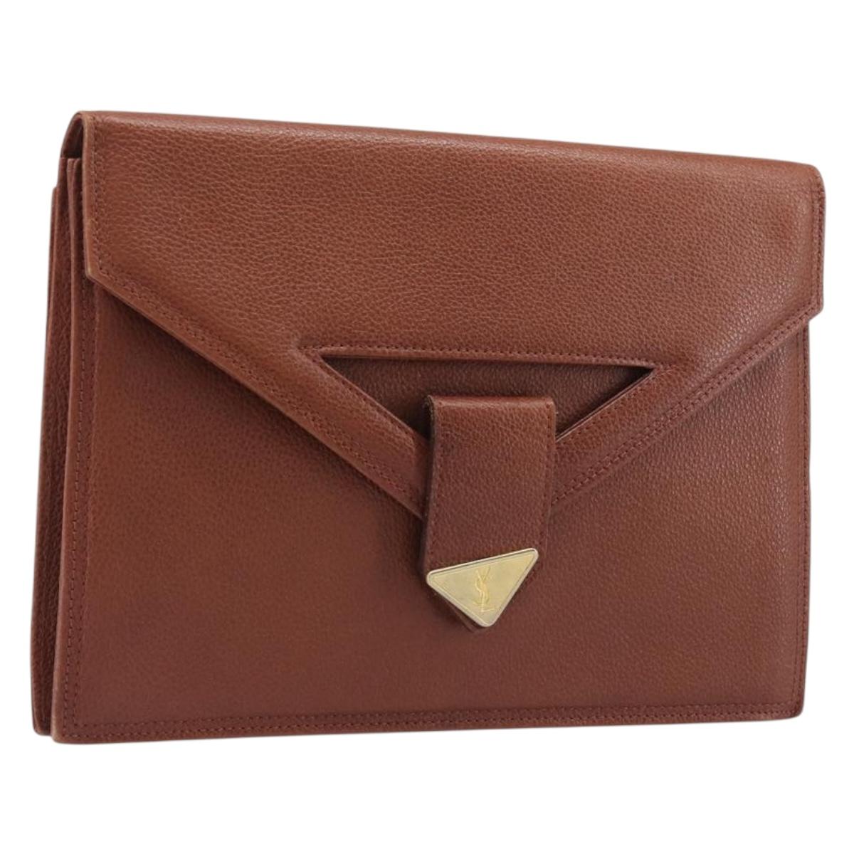 Saint Laurent Clutch Bag Leather Brown Gold Tone Auth 207791A