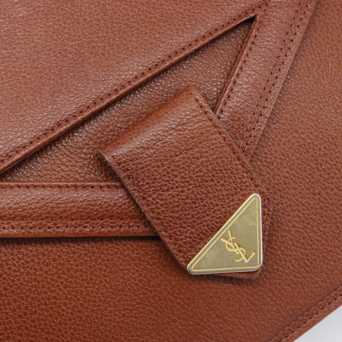 Saint Laurent Clutch Bag Leather Brown Gold Tone Auth 207791A