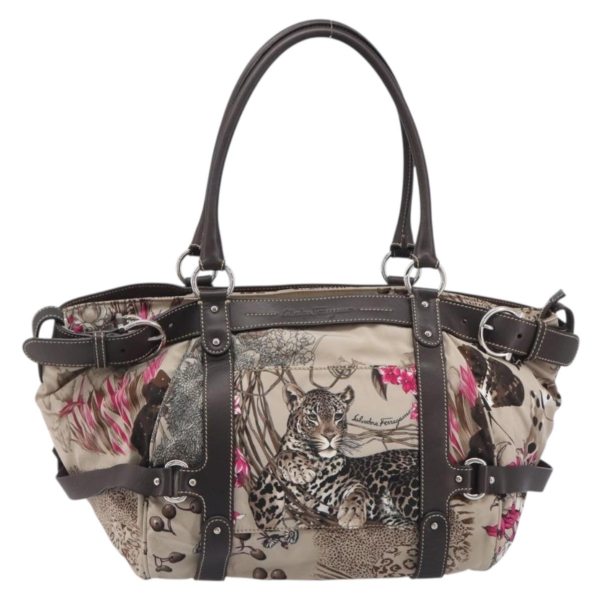 Salvatore Ferragamo Gancini Tote Bag Nylon Beige Silver Auth 207794A