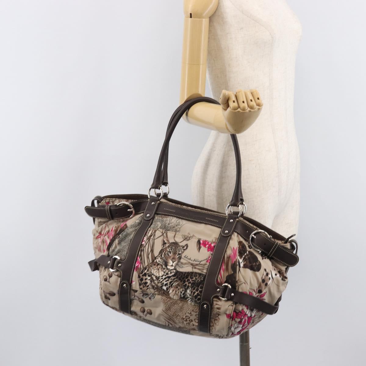 Salvatore Ferragamo Gancini Tote Bag Nylon Beige Silver Auth 207794A