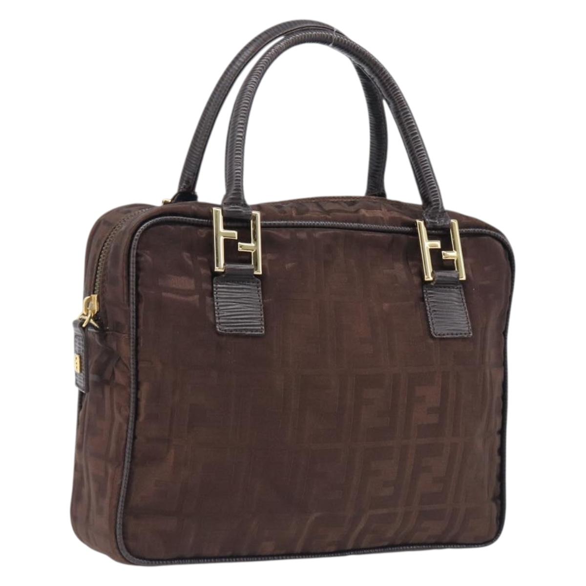 FENDI Zucca Canvas Hand Bag Nylon Brown Gold Auth 207824A