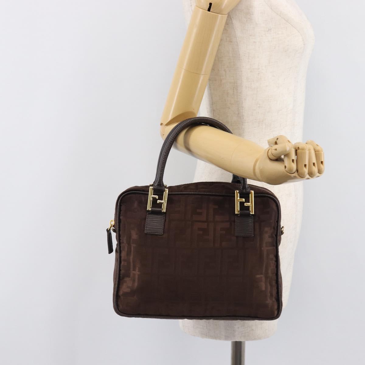 FENDI Zucca Canvas Hand Bag Nylon Brown Gold Auth 207824A