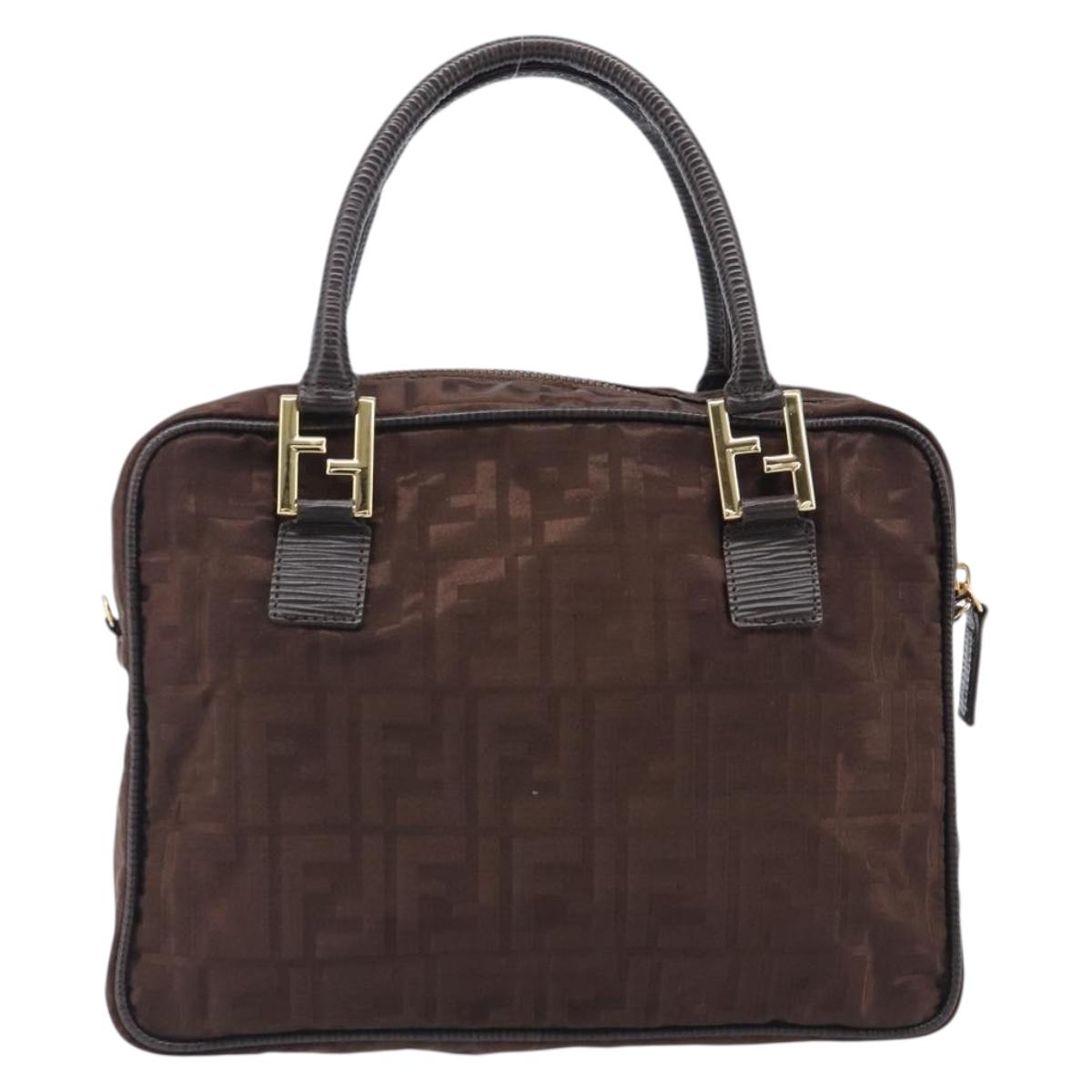 FENDI Zucca Canvas Hand Bag Nylon Brown Gold Auth 207824A