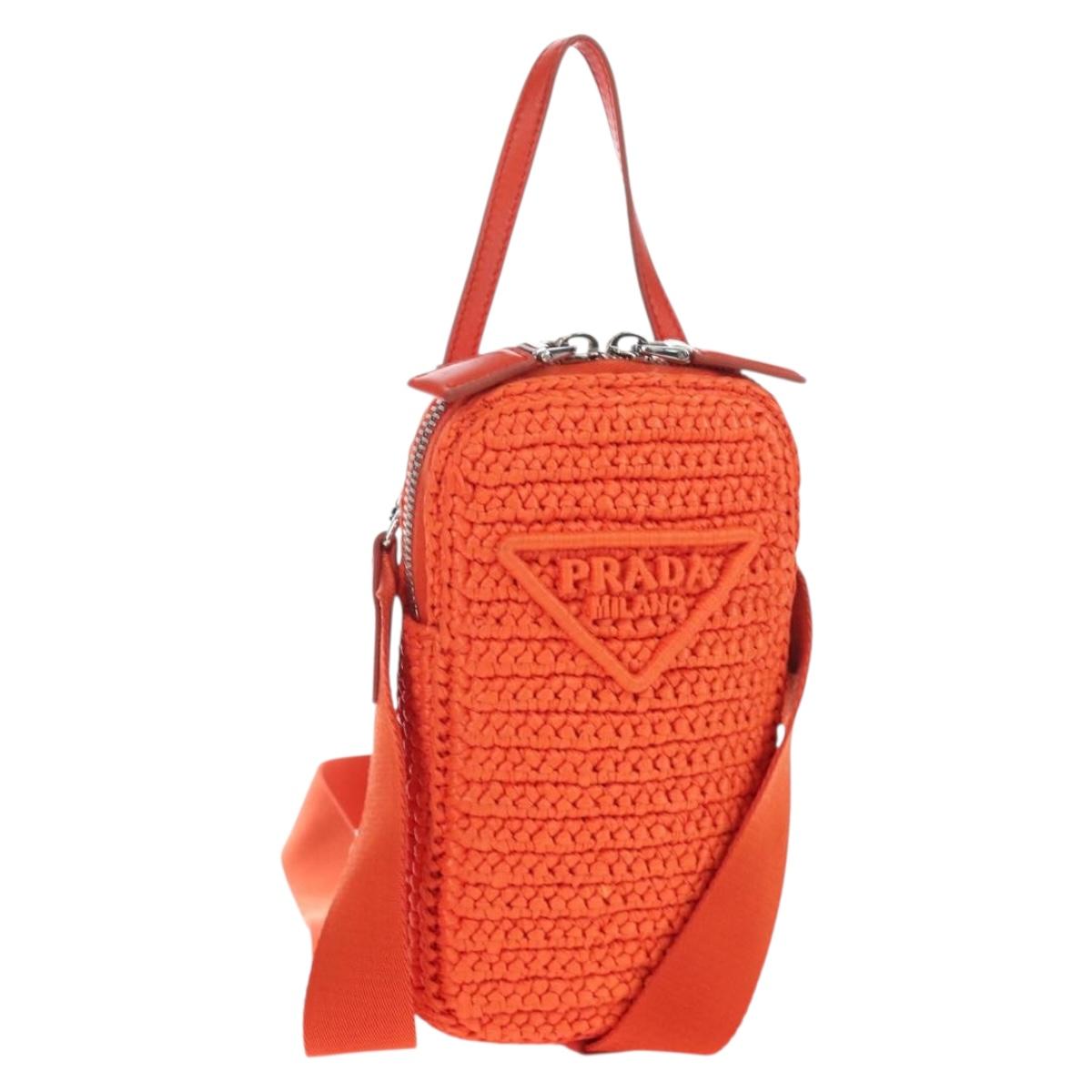 PRADA Shoulder Pouch Raffia 2way Orange Silver Auth 207829M