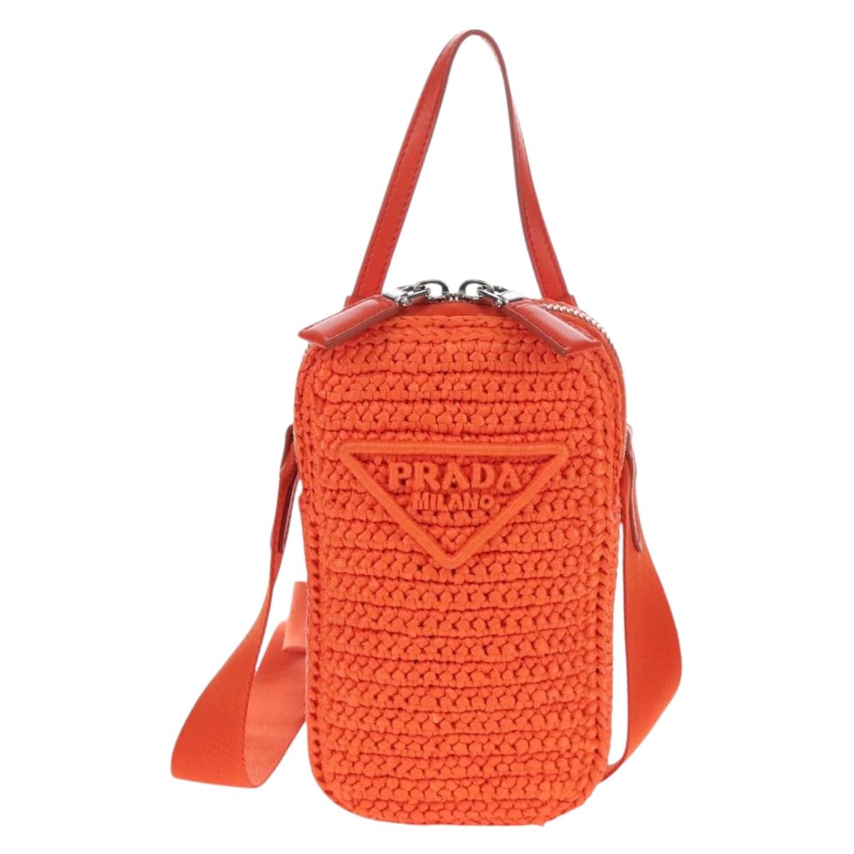 PRADA Shoulder Pouch Raffia 2way Orange Silver Auth 207829M
