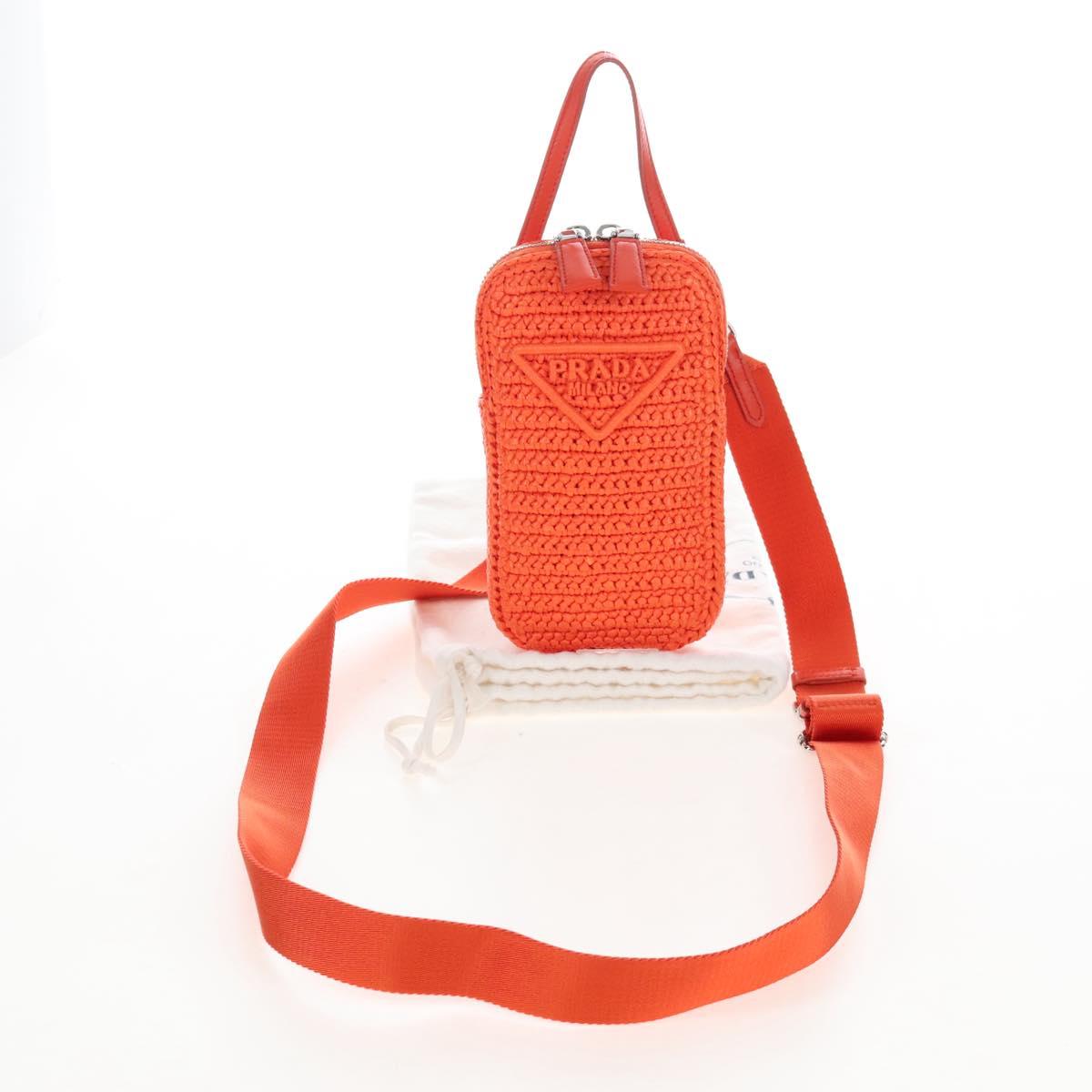 PRADA Shoulder Pouch Raffia 2way Orange Silver Auth 207829M
