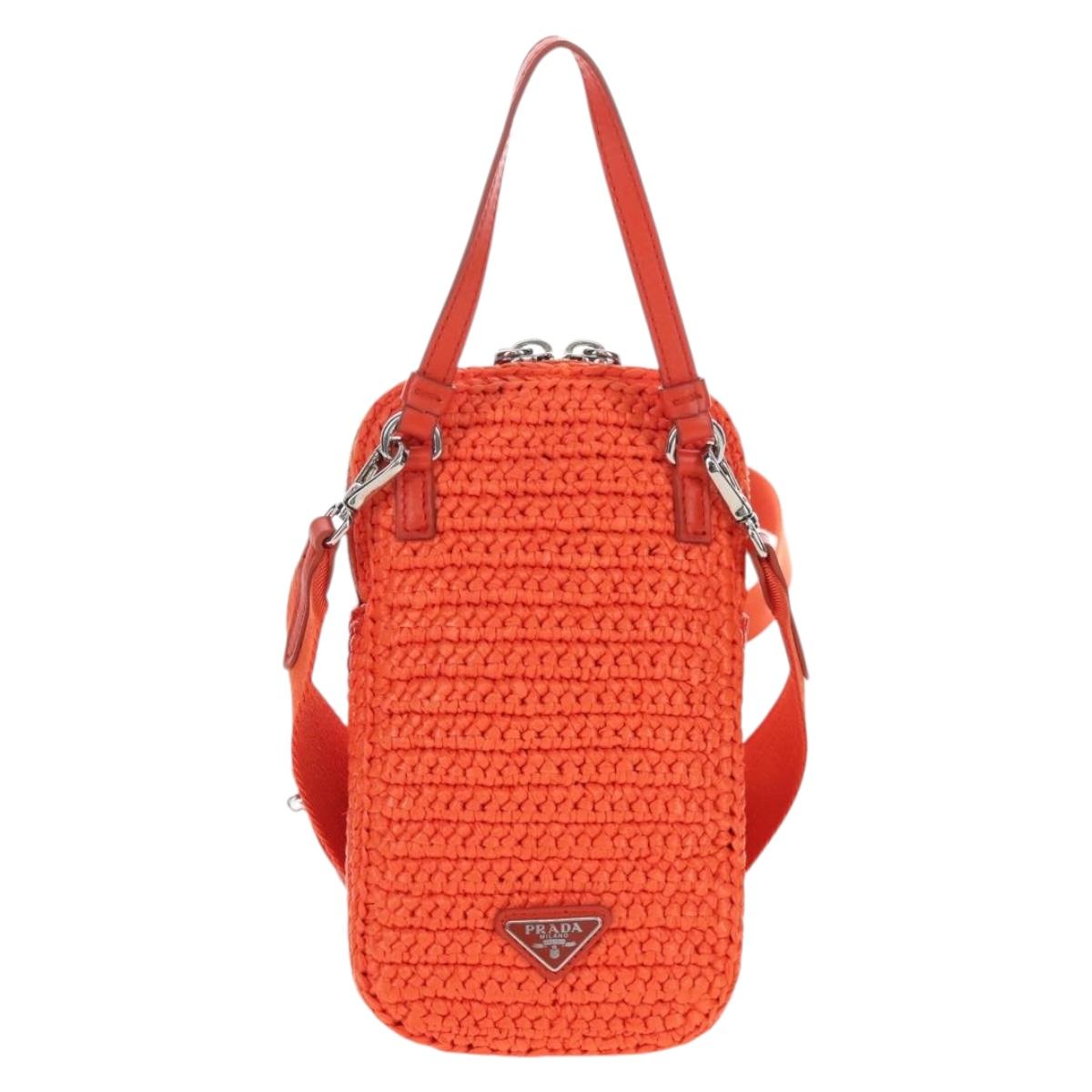 PRADA Shoulder Pouch Raffia 2way Orange Silver Auth 207829M