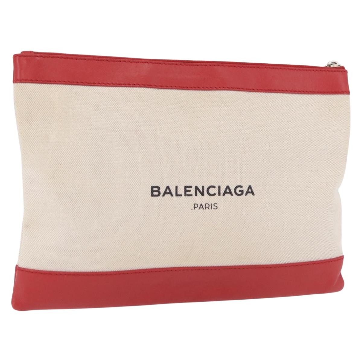 Balenciaga Navy Clip M Clutch Bag Canvas Beige Silver 373834 Auth 207852A