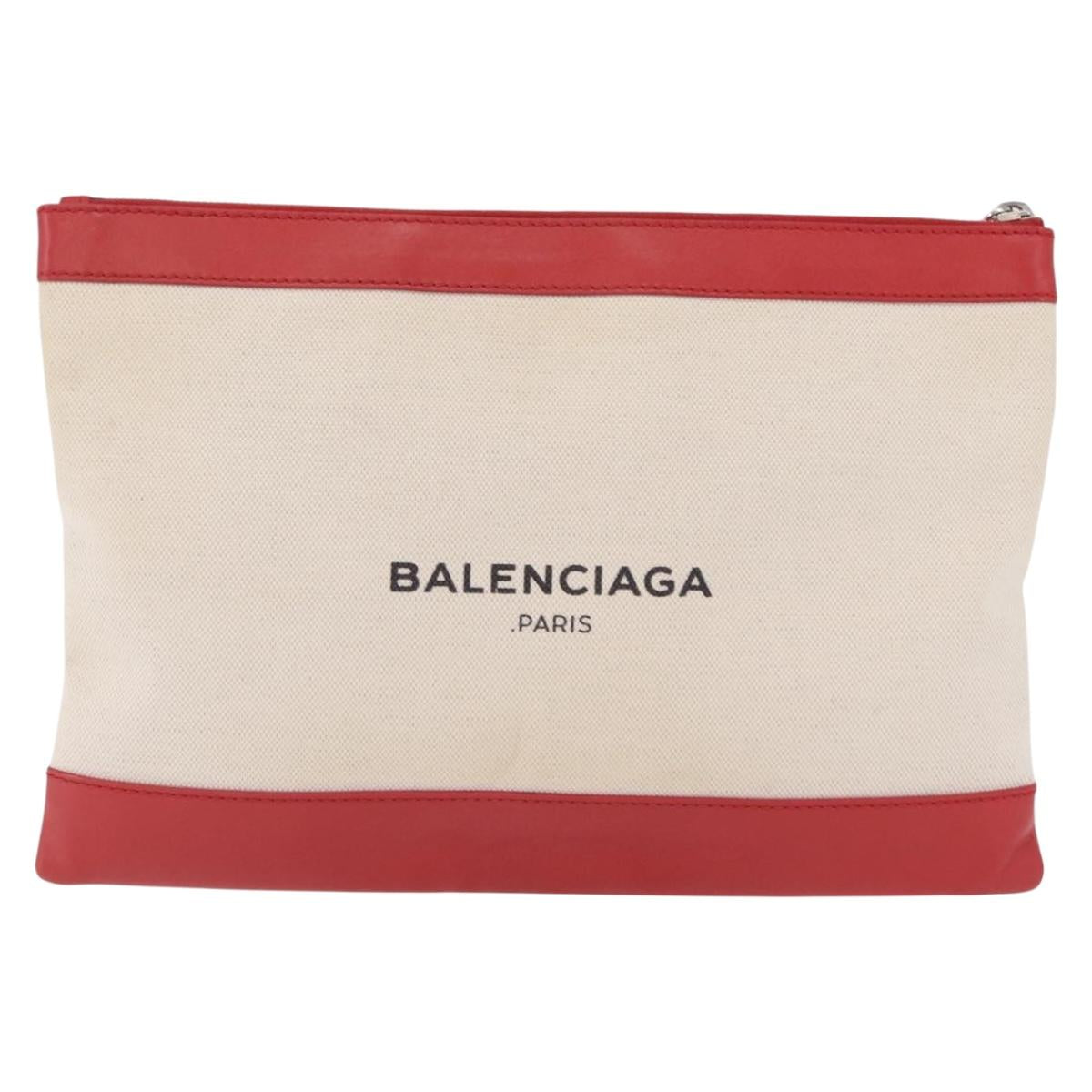 Balenciaga Navy Clip M Clutch Bag Canvas Beige Silver 373834 Auth 207852A