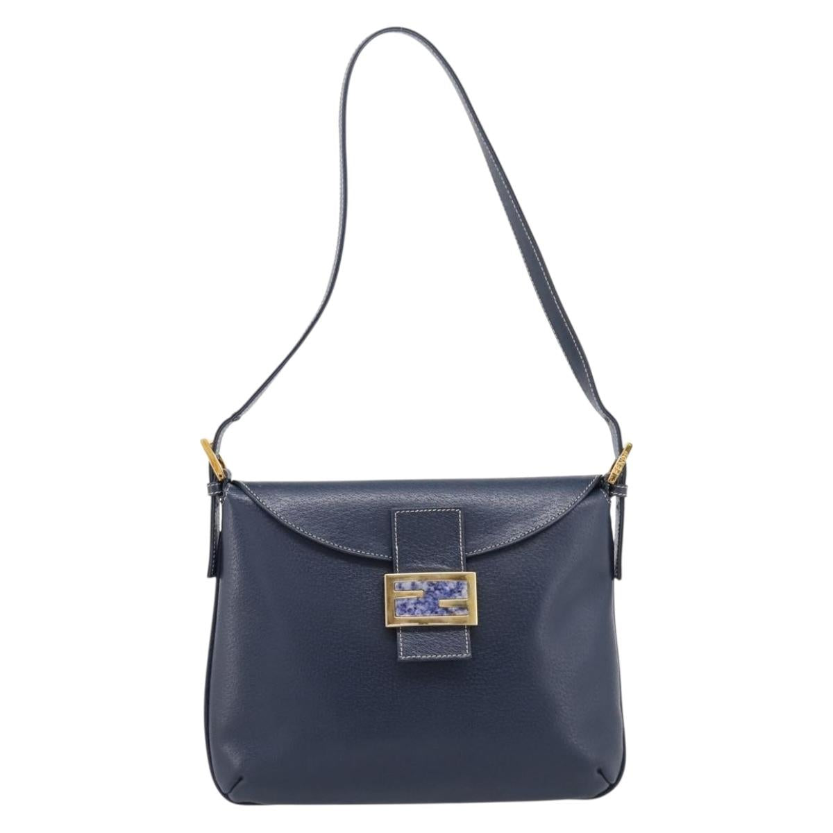 FENDI Mamma Baguette Shoulder Bag Leather Navy Gold Auth 207863SAV