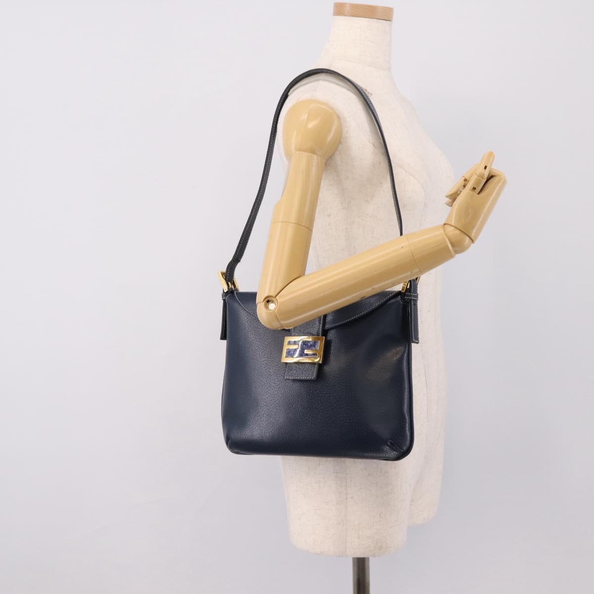 FENDI Mamma Baguette Shoulder Bag Leather Navy Gold Auth 207863SAV