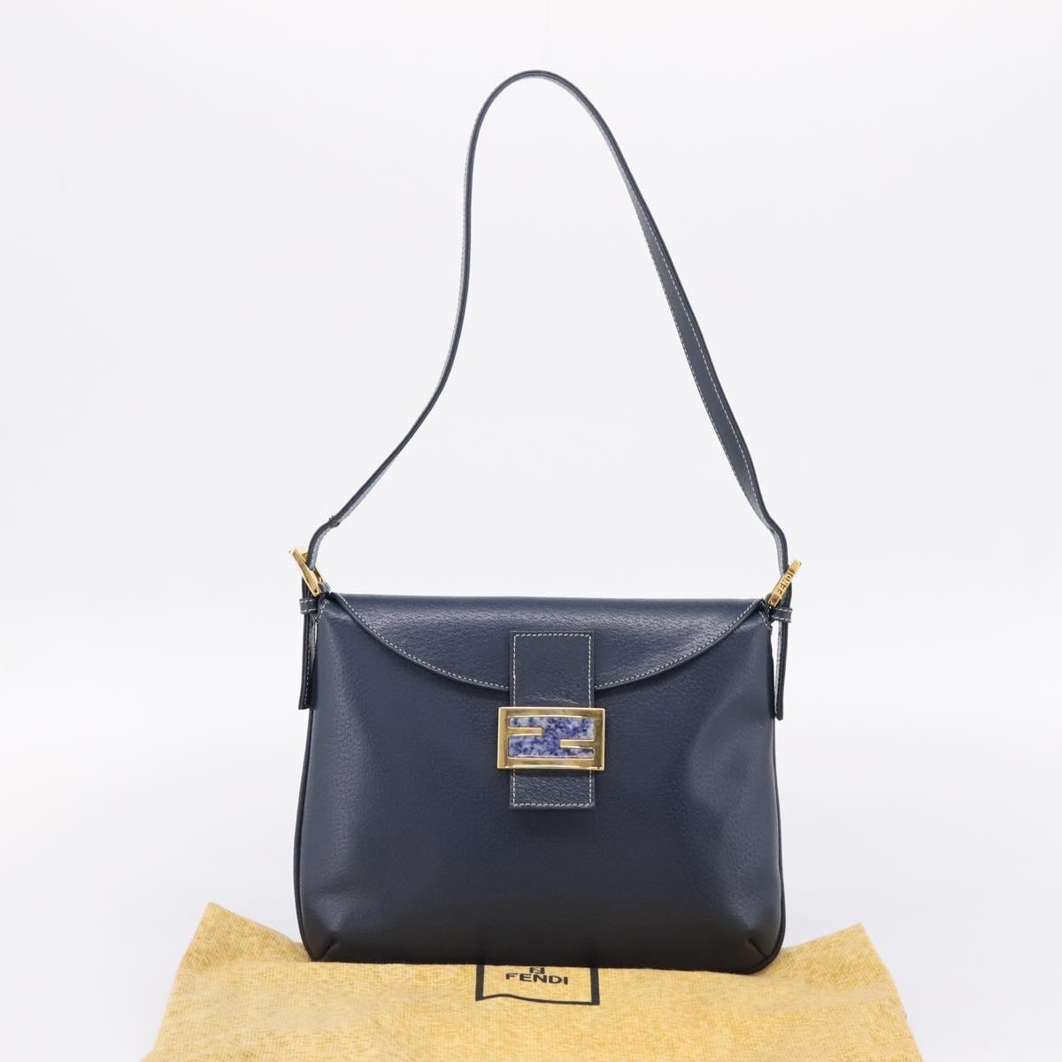 FENDI Mamma Baguette Shoulder Bag Leather Navy Gold Auth 207863SAV