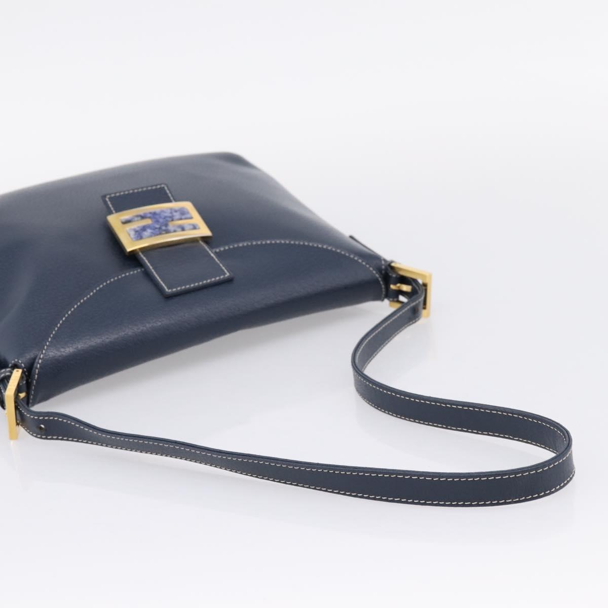 FENDI Mamma Baguette Shoulder Bag Leather Navy Gold Auth 207863SAV