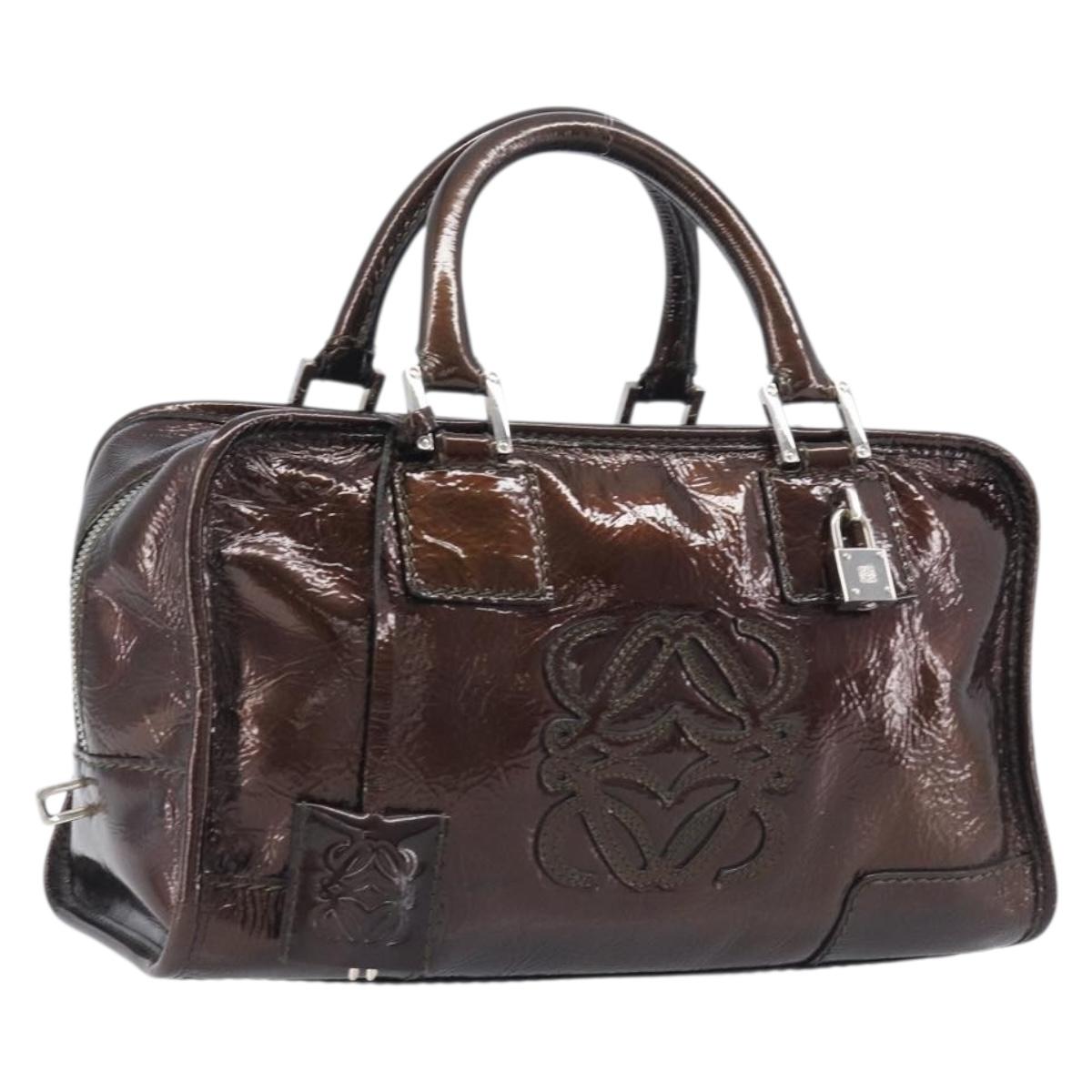 LOEWE Amazona 28 Hand Bag Patent Brown Silver Auth 207870A
