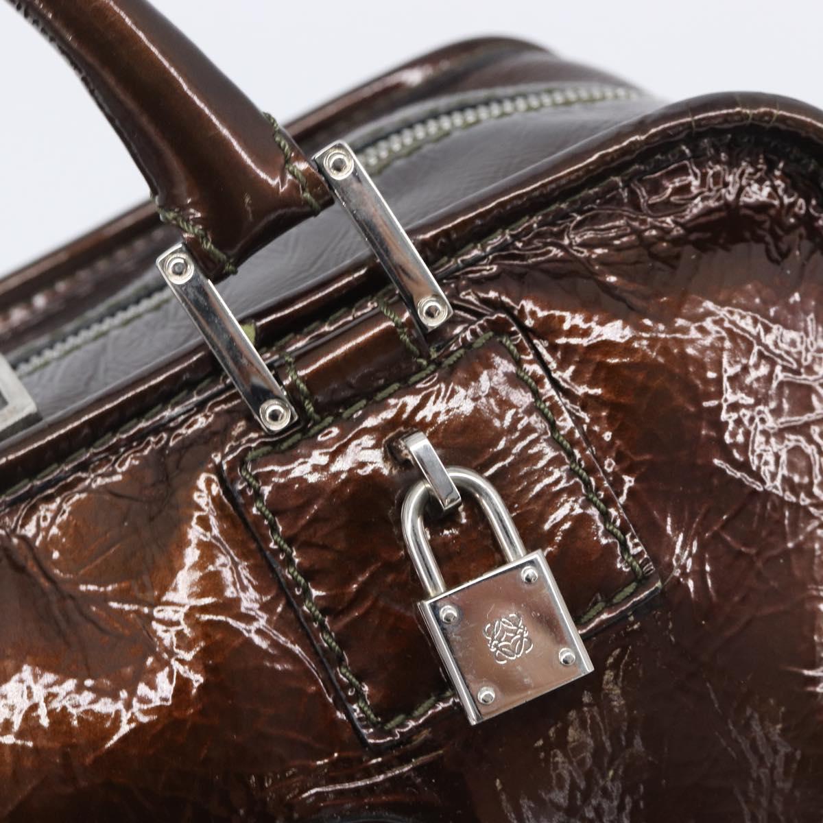 LOEWE Amazona 28 Hand Bag Patent Brown Silver Auth 207870A