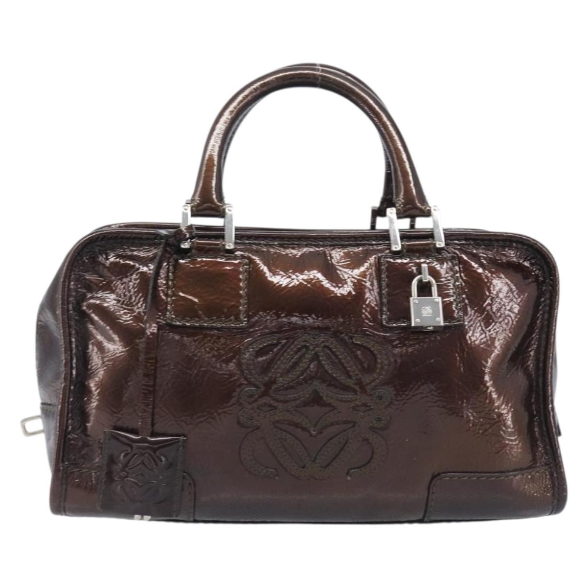 LOEWE Amazona 28 Hand Bag Patent Brown Silver Auth 207870A