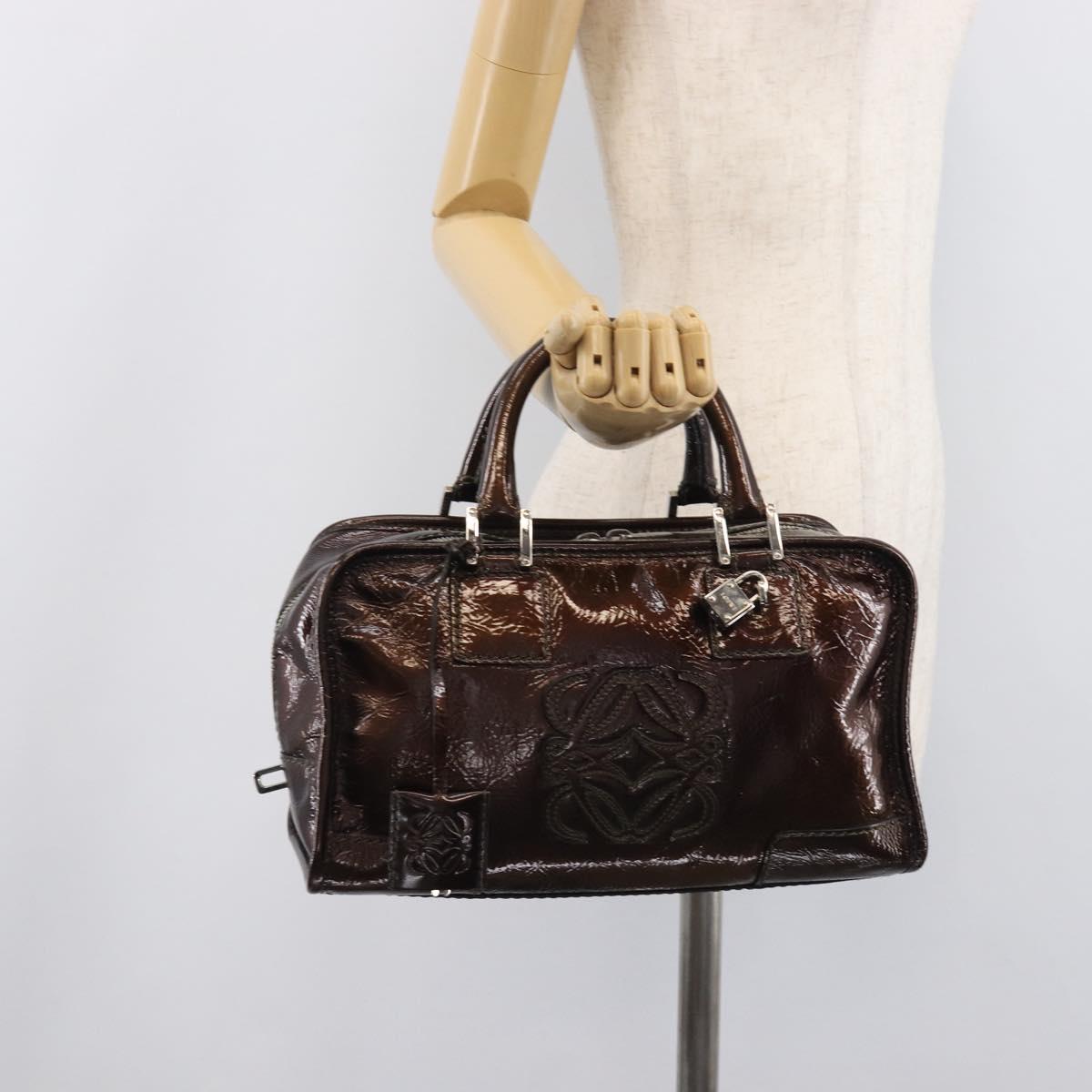 LOEWE Amazona 28 Hand Bag Patent Brown Silver Auth 207870A