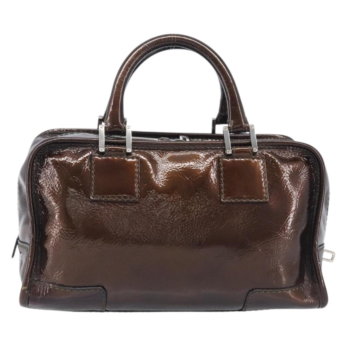 LOEWE Amazona 28 Hand Bag Patent Brown Silver Auth 207870A