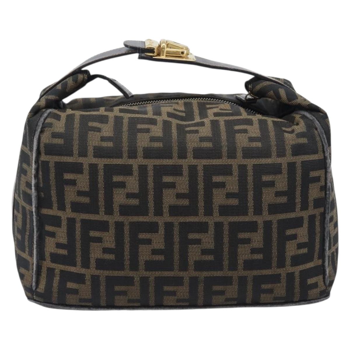 FENDI Zucca Canvas Vanity Cosmetic Pouch Brown Gold Tone Auth 207871