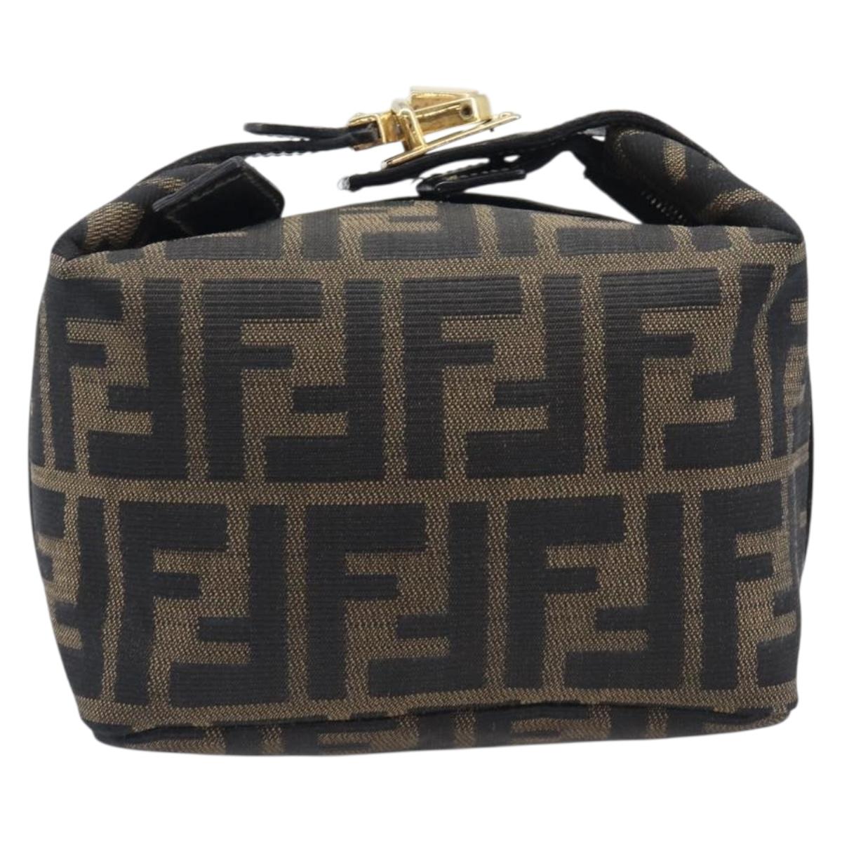 FENDI Zucca Canvas Vanity Cosmetic Pouch Brown Gold Tone Auth 207878V