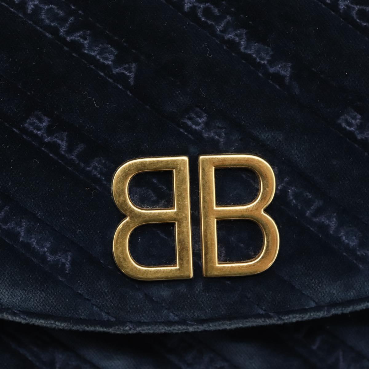 Balenciaga BB Round Chain Shoulder Bag Velor Navy Gold Auth 207889M