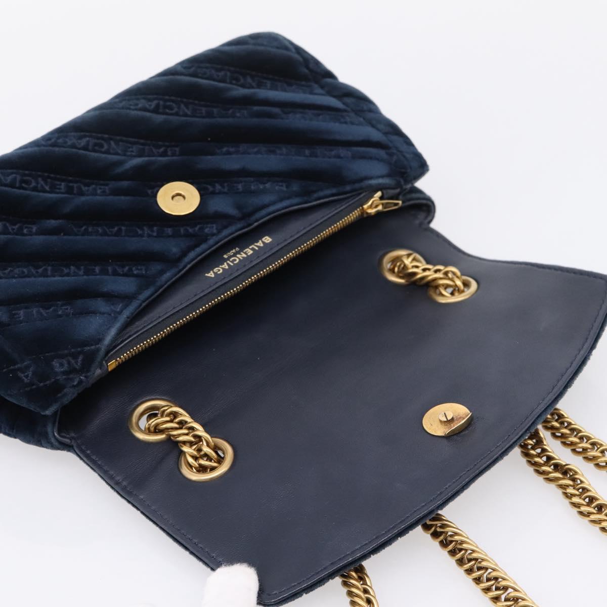 Balenciaga BB Round Chain Shoulder Bag Velor Navy Gold Auth 207889M